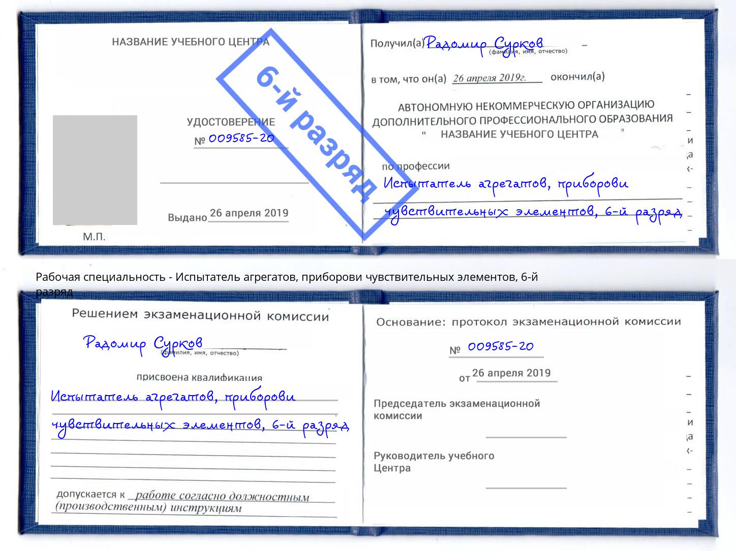 корочка 6-й разряд Испытатель агрегатов, приборови чувствительных элементов Абакан