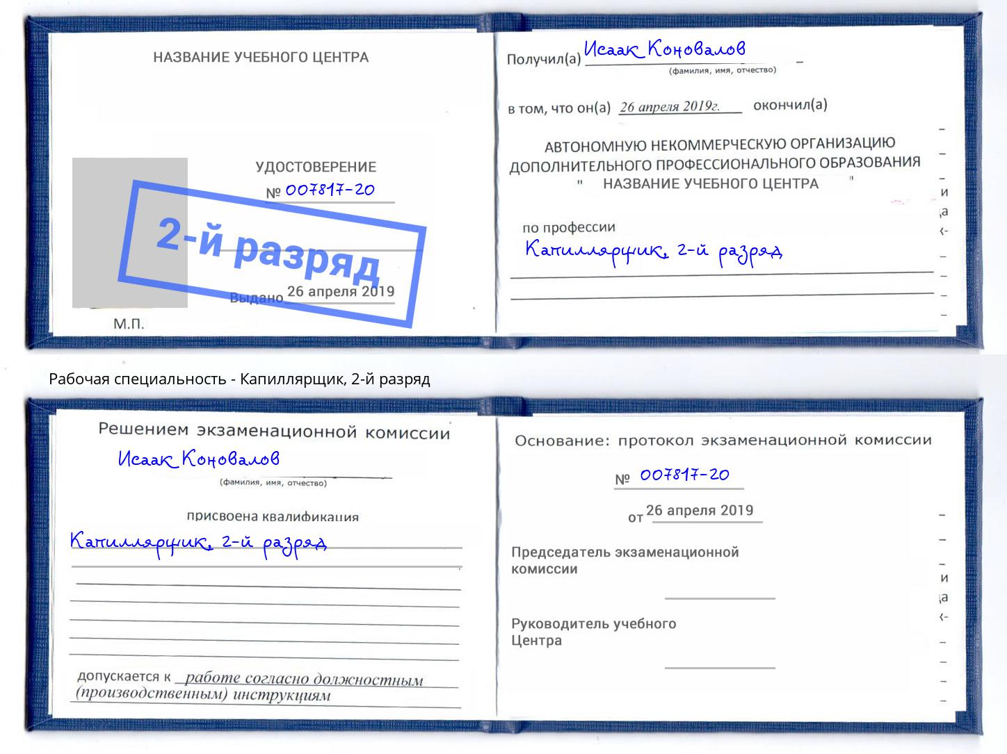 корочка 2-й разряд Капиллярщик Абакан