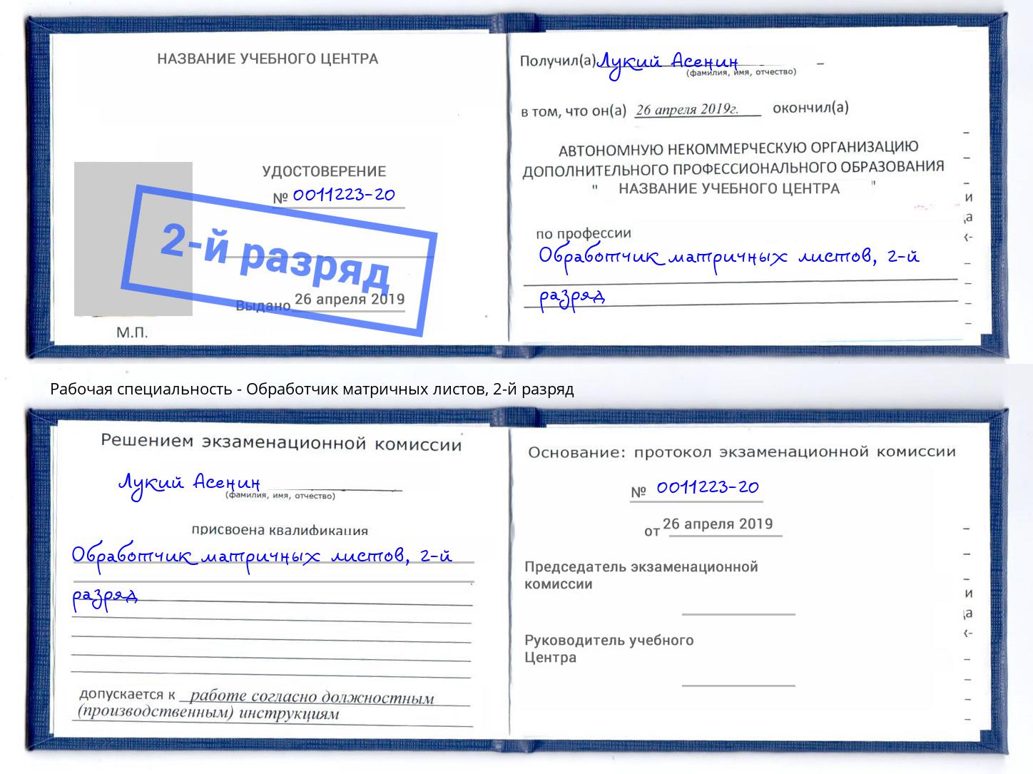 корочка 2-й разряд Обработчик матричных листов Абакан