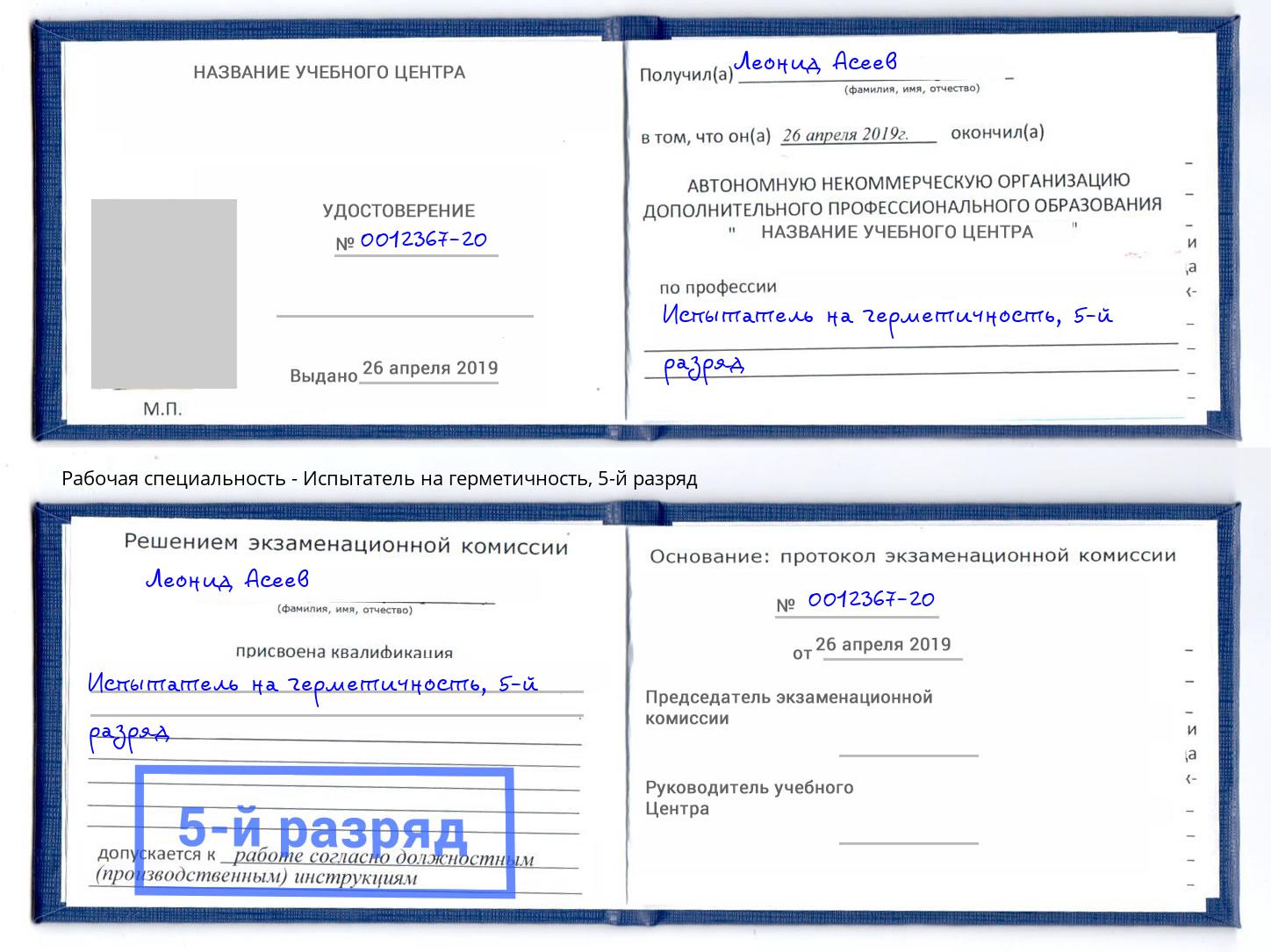 корочка 5-й разряд Испытатель на герметичность Абакан