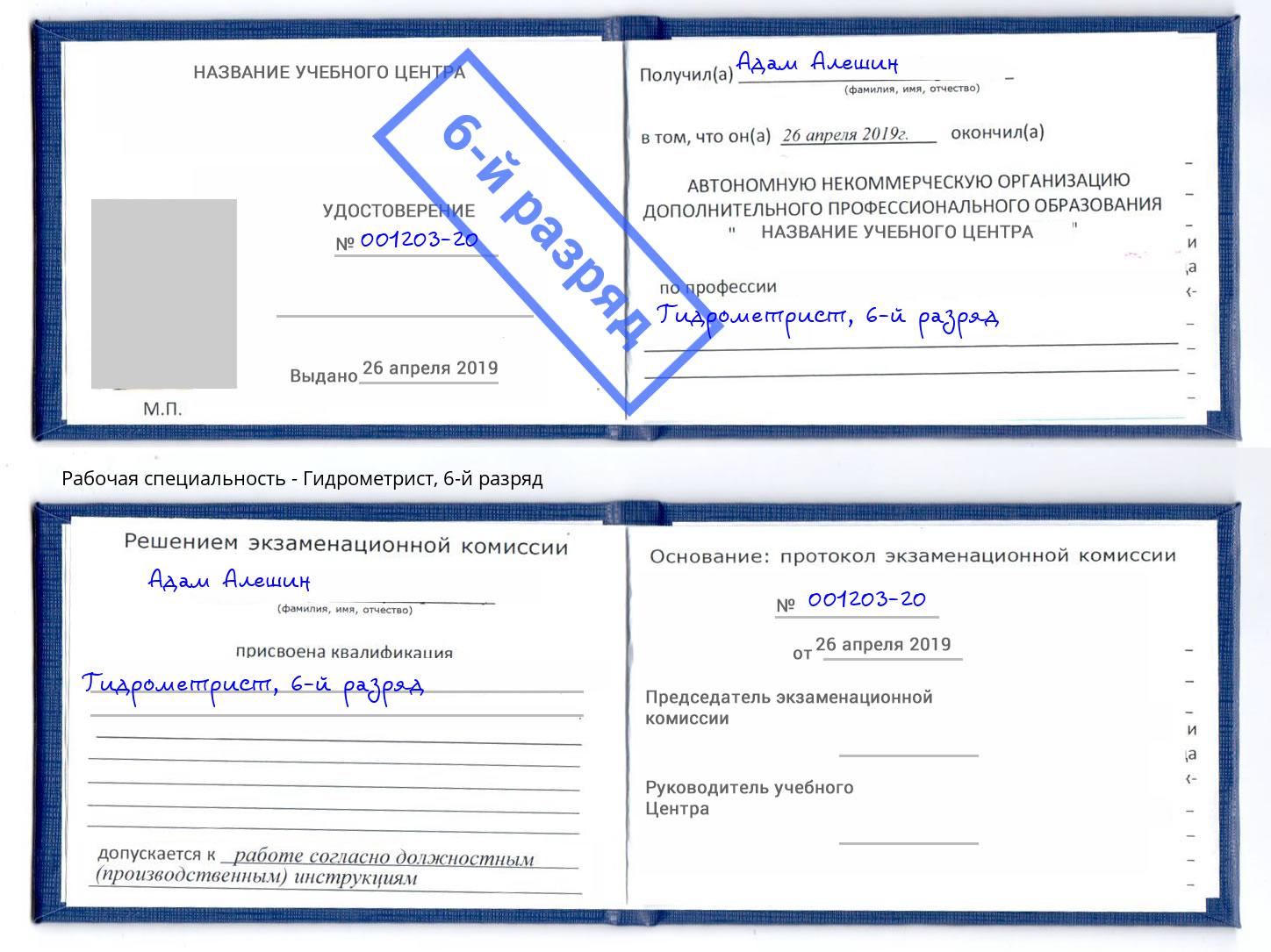 корочка 6-й разряд Гидрометрист Абакан